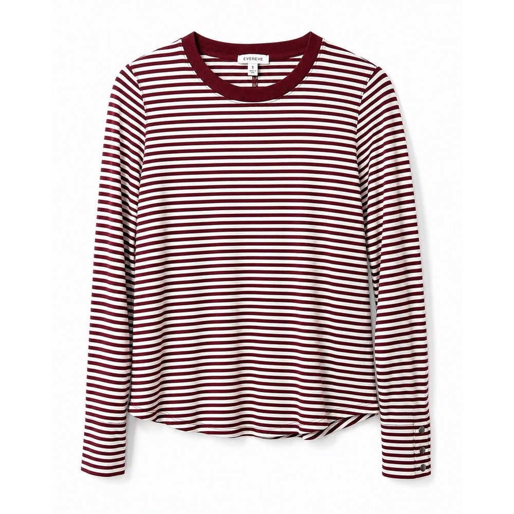EVEREVE Peyton Snap Cuff Tee Womens S Burgundy White Stripe Long Sleeve - Picture 2 of 8